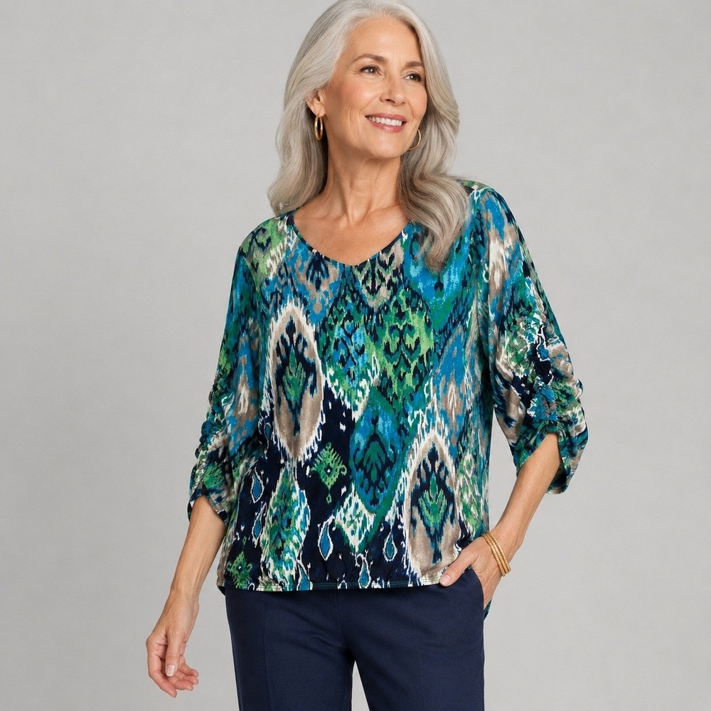 Chico's Womens Ikat Print Blouse Size L Blue Green Ruched 3/4 Sleeve Scoop Neck